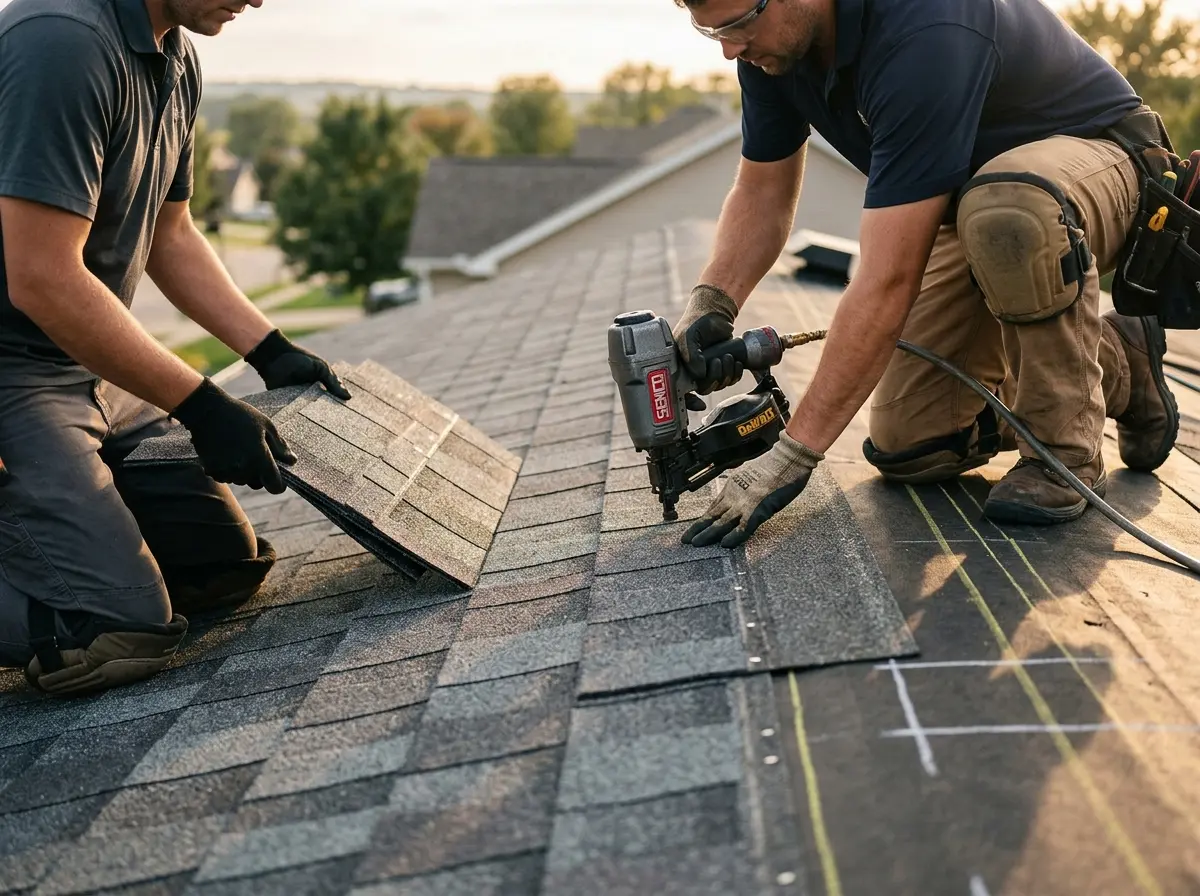 Professional roofer working on a residential roof in Pittstown